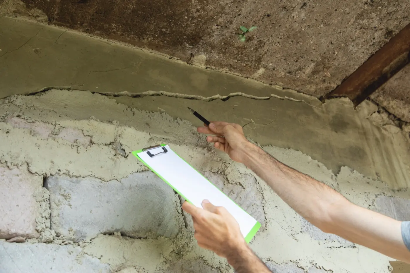 Person checking a cracked wall and taking notes on a clipboard