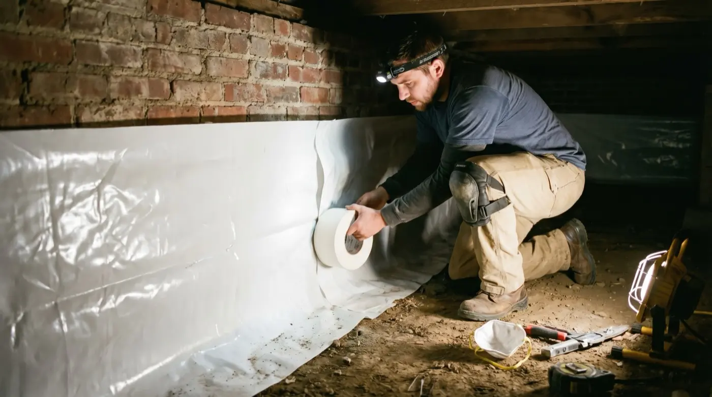 Crawl space with a brick foundation wall and a vapor barrier being taped down