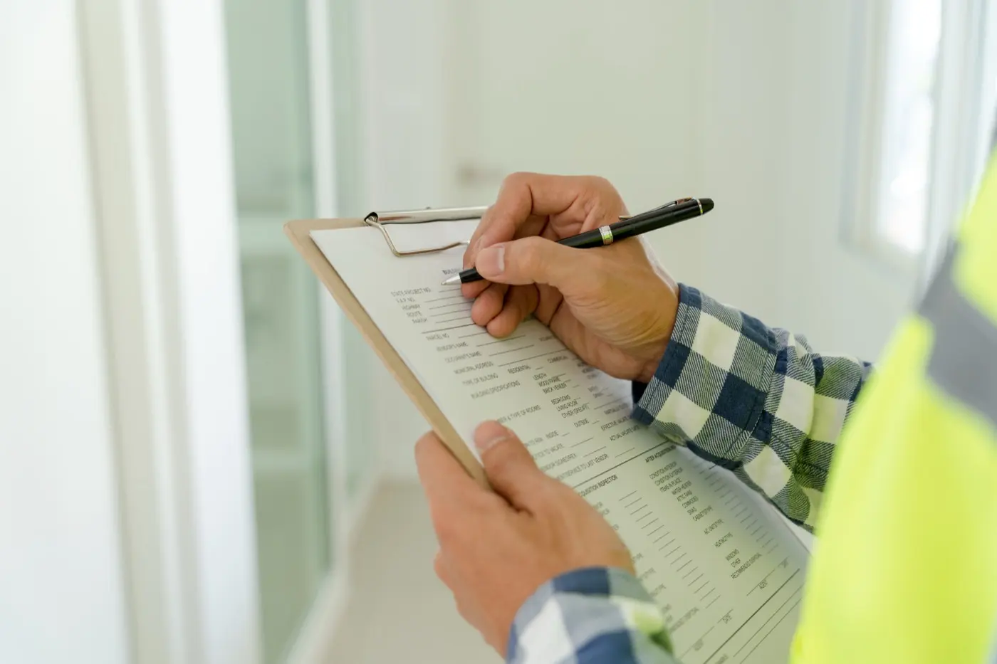 Inspector filling in a checklist at a house