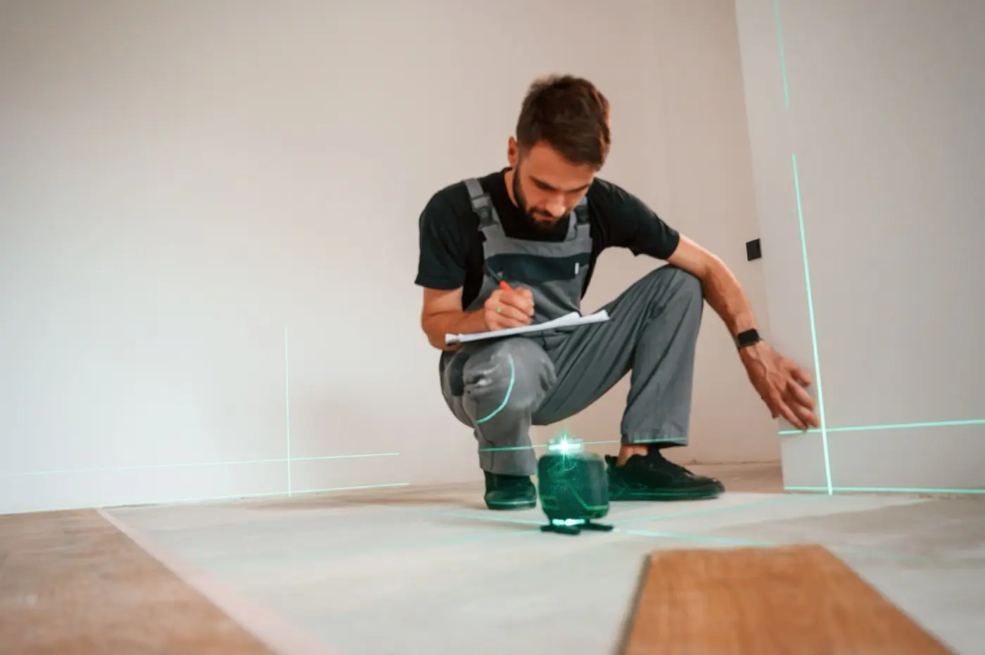 Man writing notes next to a laser level on the floor